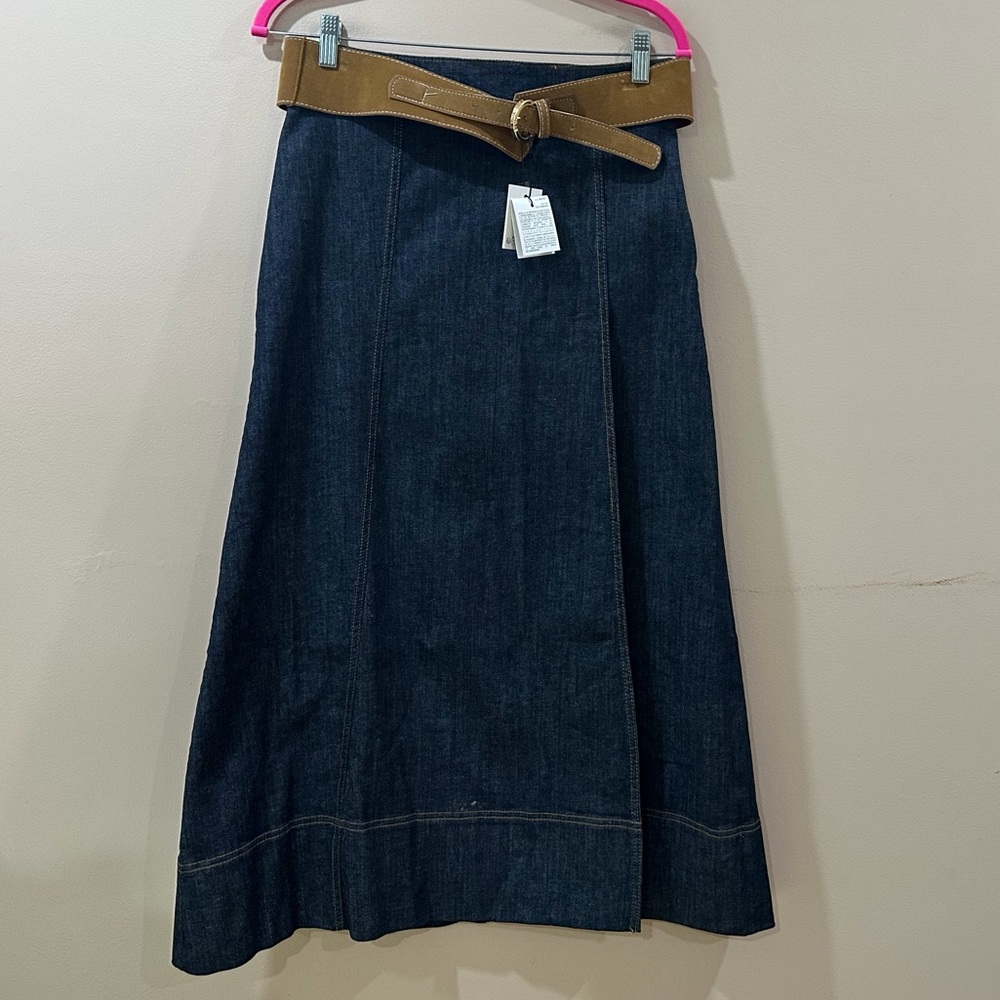 ZARA Women’s S Indigo Denim A-Line Wrap Skirt Brown Faux Leather Belt Boho 90s - Picture 4 of 10